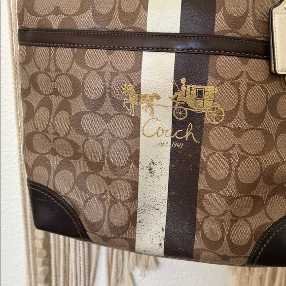 Vintage Coach Signature Chelsea Heritage Stripe Tote tan brown/ leather trim - Picture 2 of 7
